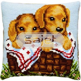 kruissteekkussen golden retriever pups in mand