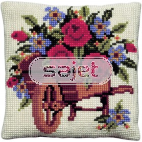 kruissteekkussen kruiwagen met bloemen