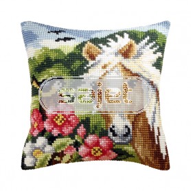 kruissteekkussen paard met vogel