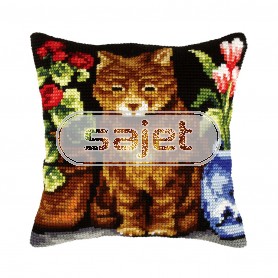 kruissteekkussen bruine poes tussen bloempotten