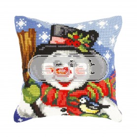 kruissteekkussen lachende sneeuwpop in avondsfeer