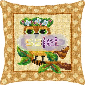 kruissteekkussen vogel met bloemenkroon
