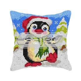 kruissteekkussen pinquin met kerstmuts