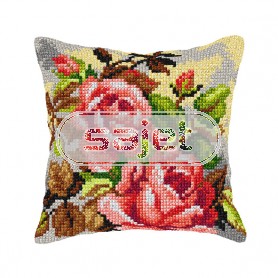 kruissteekkussen rozen in knop op grijs
