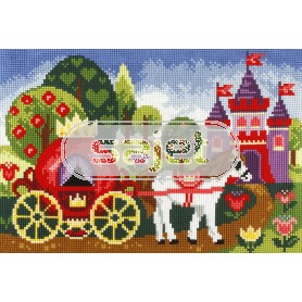 kruissteekwandkleed sprookjes, koets naar kasteel