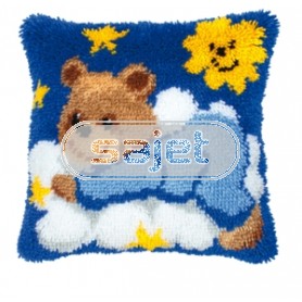 knoopkussen teddybeer op wolk, blauw