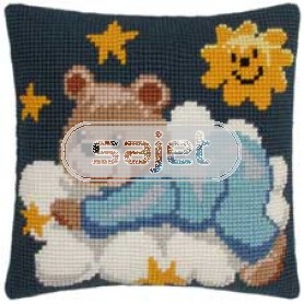 kruissteekkussen teddybeer op wolk, blauw