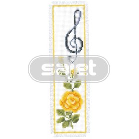 borduurpakket boekenlegger, gele roos met muzieknoot
