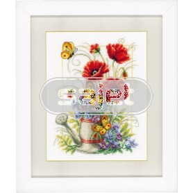 borduurpakket gieter met voorjaarsbloemen/vlinders