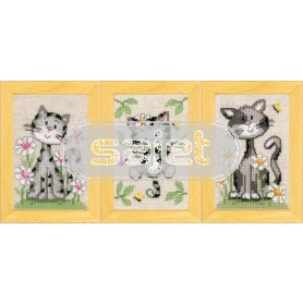 borduurpakket poezen met bloemen drieluik