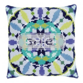 kruissteekkussen paars/groen rozet