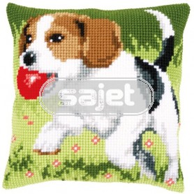 kruissteekkussen spelende hond
