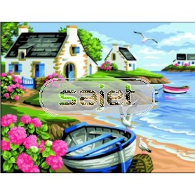 stramien + garenpakket, landschap met roeiboot