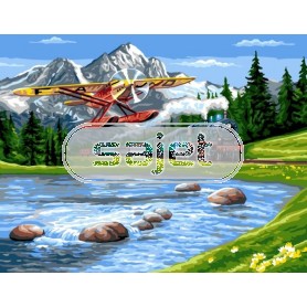 stramien + garenpakket, berglandschap met treinscene/vliegtuig