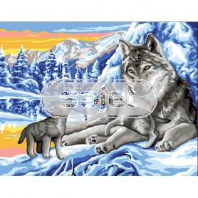 stramien + garenpakket, wolf met jongen in wintersfeer
