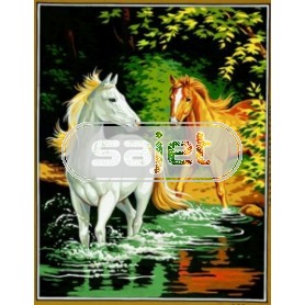 stramien + garenpakket, paarden bij waterbron