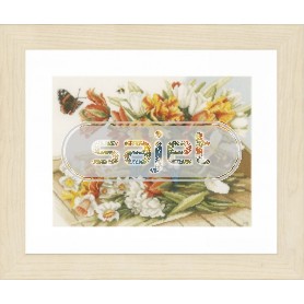 borduurpakket marjolein bastin, narcissen en tulpen met vlinder