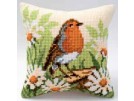 kruissteekkussen roodborstje op boomstronk