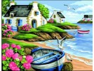 stramien + garenpakket, landschap met roeiboot