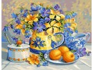 stramien + garenpakket, stilleven, blauw/gele bloemen met abrikozen
