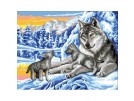 stramien + garenpakket, wolf met jongen in wintersfeer