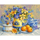 stramien stilleven, blauw/gele bloemen met abrikozen